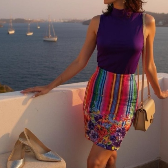 077 Top 10 | USA NWOT Multi color Pink Striped Floral Bodycon Skirt (Size S) - Picture 5 of 8